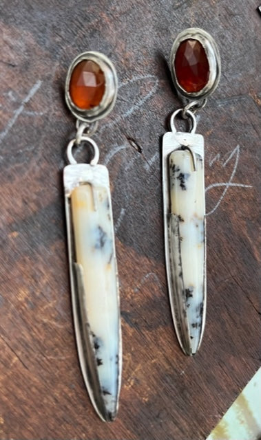 Garnet and Dendritic Opal Earrings