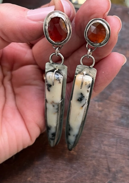 Garnet and Dendritic Opal Earrings