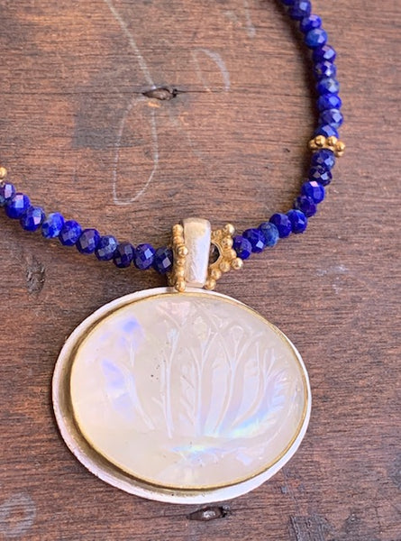Carved Moonstone and Lapis Necklace