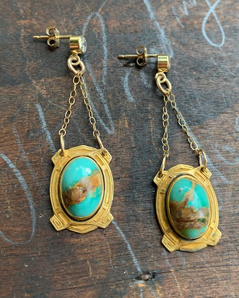 Antique Conversion Turquoise and CZ Earrings